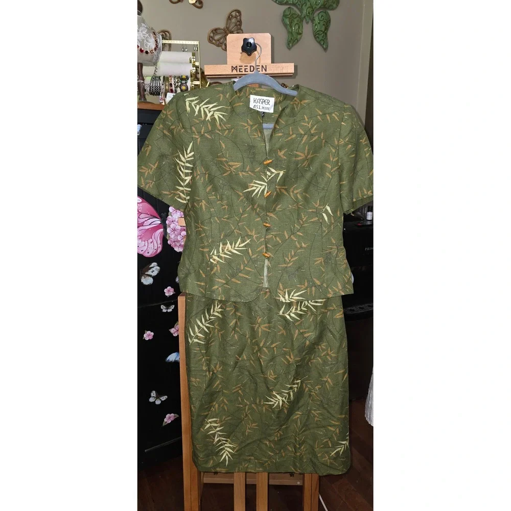 Vintage Kasper ASL Petite Green Bamboo Print Skirt Suit Set Linen Blend 6P